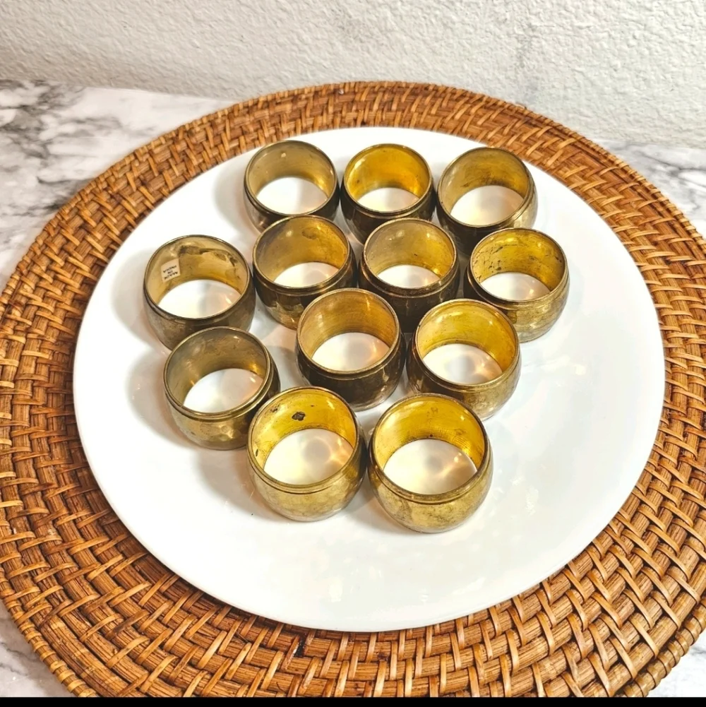 12 Vintage Hammered Solid Brass Napkin Ring Holders